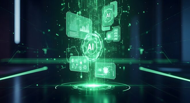 Green holographic AI interface with floating data charts and graphs