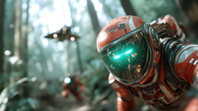 A striking scene of an astronaut in a vibrant red suit exploring a lush alien jungle, presenting a blend of adventure, exploration, and futuristic aesthetics in an otherworldly environment.