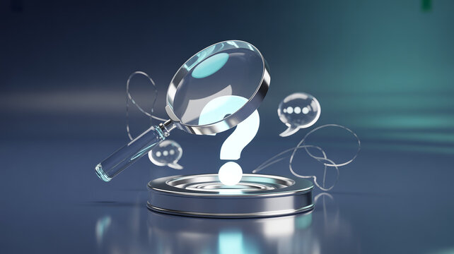 Question mark with digital speech bubbles and network graphic on a reflective