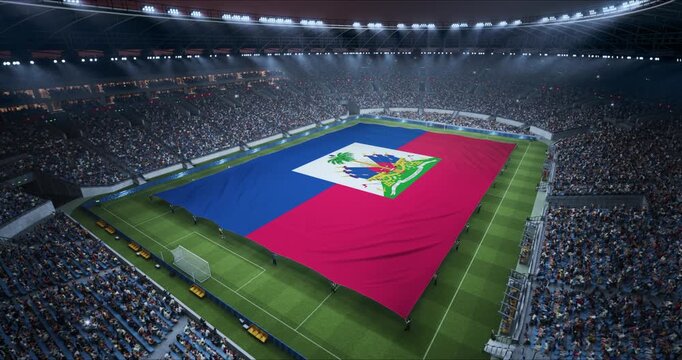 Professional Stadium With Soccer Game Championship With Flag of Haiti Spread Across Pitch Before Football Match Start. Cheering Crowds of Fans at Arena Anthem Ceremony. Aerial Static Wide Shot