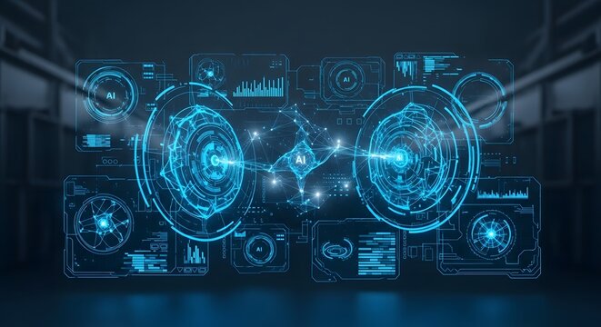 Blue circular artificial intelligence hub with advanced data metrics