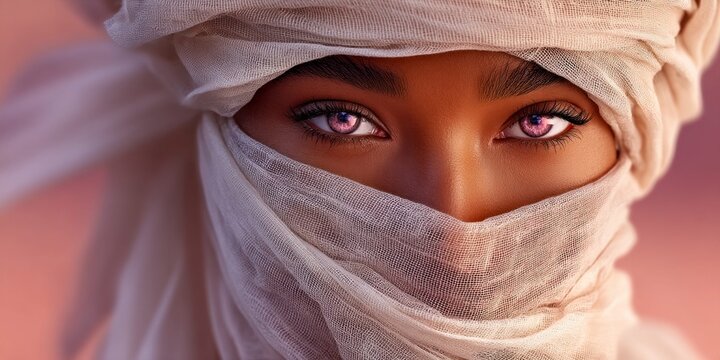 Mysterious woman with striking pink eyes veiled in traditional desert attire