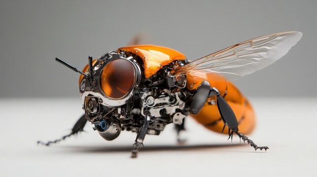 A stunning robot bee, showcasing intricate mechanical parts and glowing details, representing the intersection of technology and nature in a modern artistic style.