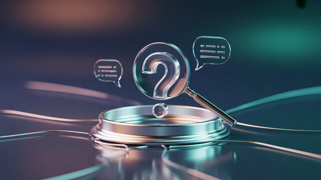 Close up of a compass with a question mark symbol and speech bubbles