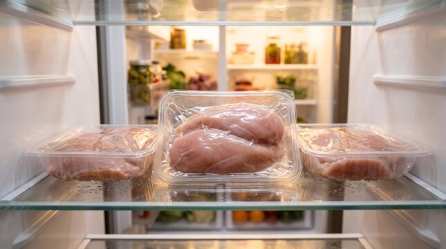 Premium organic raw chicken breasts packed in clear vacuum-sealed trays rest on a clean glass shelf inside a brightly illuminated fridge.