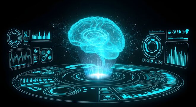 Human brain holographic model surrounded by digital analytical dashboards
