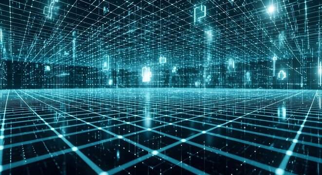 Blue glowing digital grid network in three dimensional virtual space