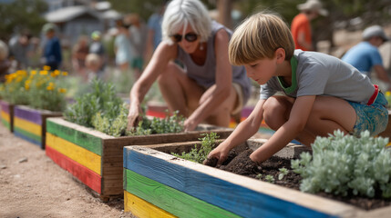 Fototapeta premium Pride Month community garden event with intergenerational LGBTQ families planting drought-resistant native species, raised beds painted with rainbow stripes, summer solstice afternoon, urban greenin