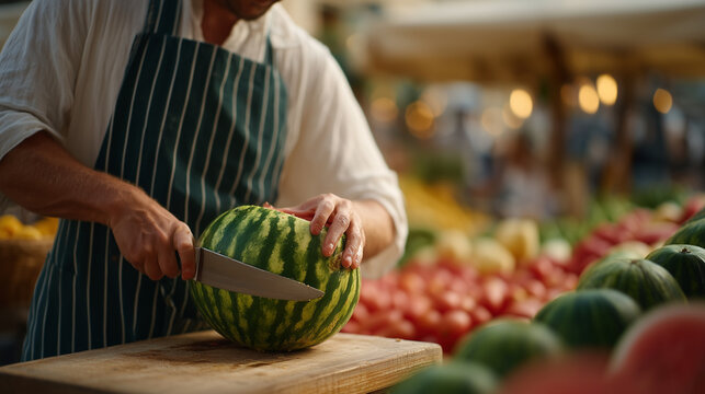 outdoor farmers market at peak summer, vendor slicing open a striped watermelon, juice catching light, vibrant produce stalls, Saturday morning community ritual, local food culture, seasonal abundan