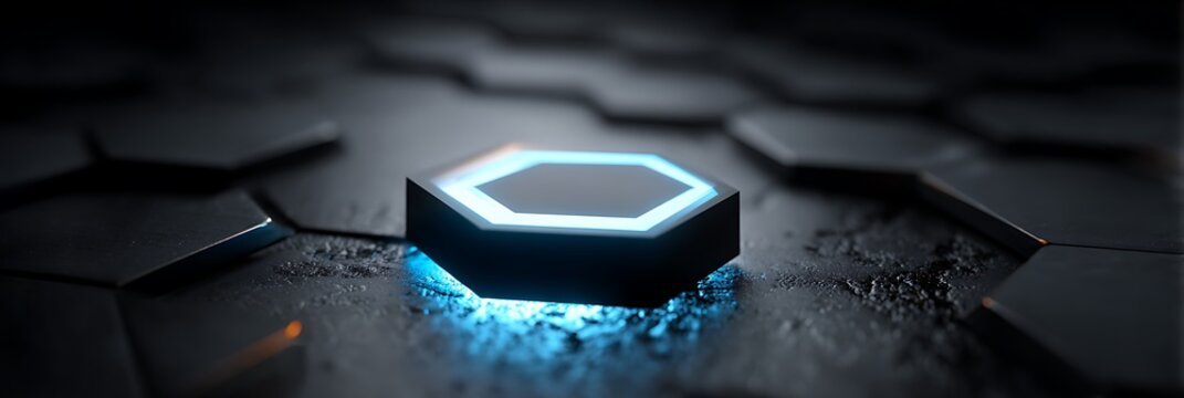 Glowing hexagonal geometric structure on dark metallic surface with futuristic light patterns and industrial texture for modern technology concepts and digital innovation presentation visuals