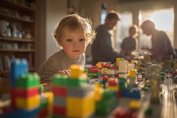 Naklejka premium Family enjoys building a vibrant Lego city together while a toddler curiously explores the colorful pieces in the foreground