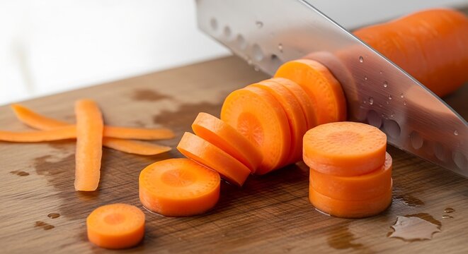 Slicing Fresh Orange Carrot on Wooden Cutting Board with a Knife