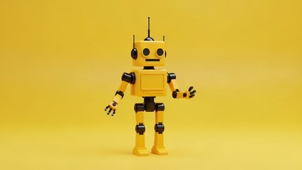 Naklejka premium Yellow lego minifigure robot standing on blue circular base against bright yellow background