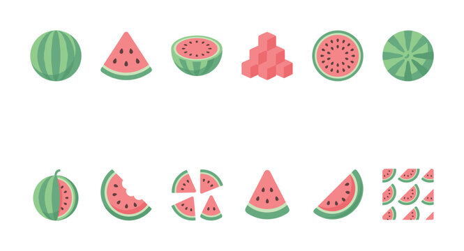 A collection of cute, flat style illustrations featuring various watermelon slices and whole fruits on a clean white background.