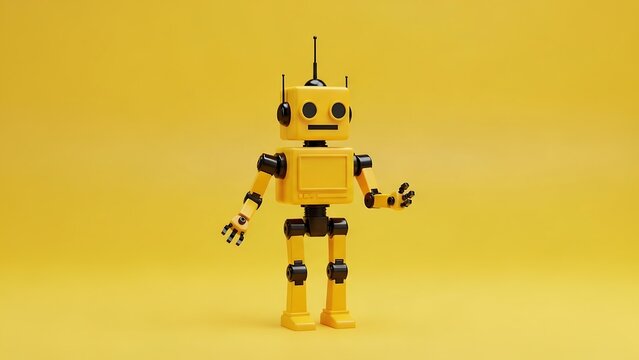 Yellow lego minifigure robot standing on blue circular base against bright yellow background