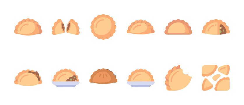 A colorful set of flat design empanadas icons showcasing various types, fillings, and preparations against a clean white background.