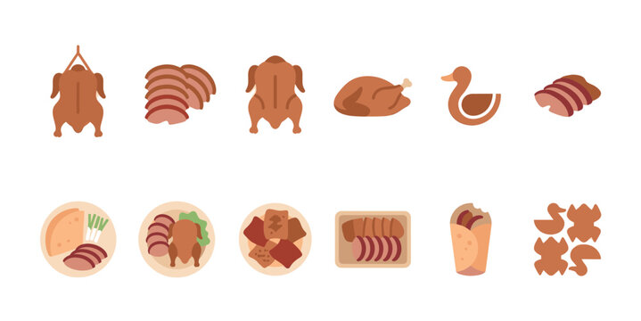A collection of stylized flat icons depicting various roasted poultry and duck dishes, including whole birds, sliced meats, and prepared meals, set against a clean white background.