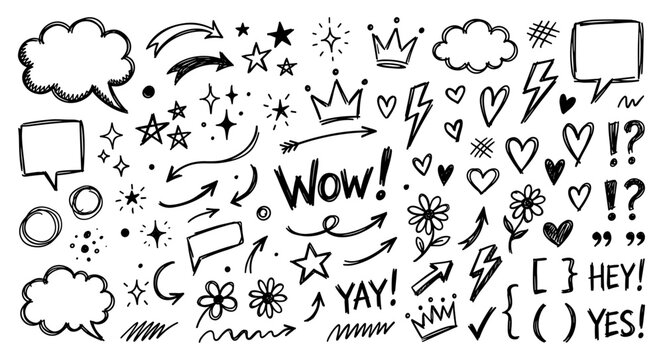 Doodle set with speech bubble arrow star heart and crown