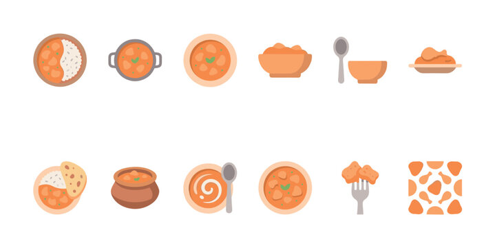 This flat illustration set features various depictions of Indian food, including bowls of curry and rice, spoons, and a fork with food, rendered in warm orange and beige tones.
