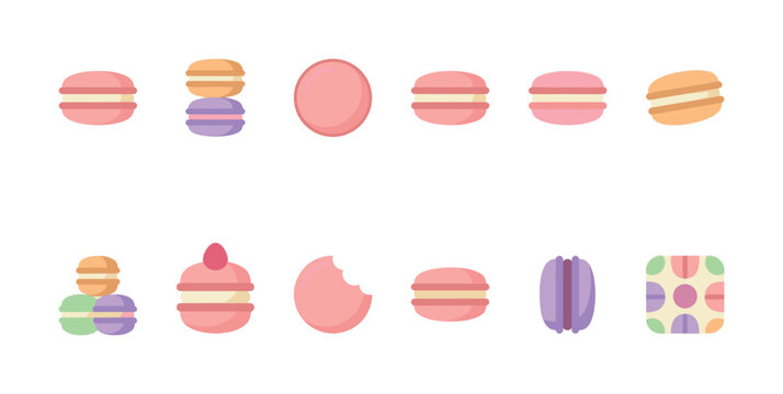 A flat illustration collection of colorful macarons and macaron-inspired patterns, presented against a clean white background, perfect for culinary or design projects.