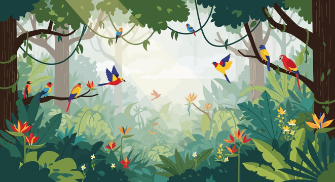 Vibrant Tropical Rainforest Illustration with Exotic Birds and Flora
