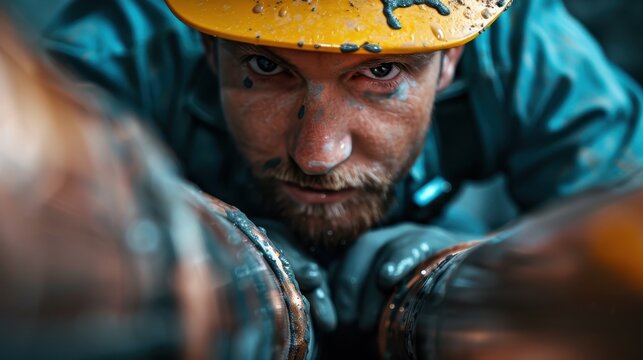 A close-up portrait of a construction worker covered in grime and sweat, showcasing hard work, determination, and the reality of tradesmanship in an industrial setting.