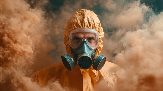 A person in a bright orange protective suit and mask stands resolute amid a swirling dust storm, emphasizing safety and resilience in harsh environmental conditions.