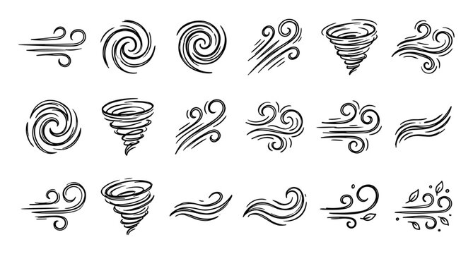 Wind doodle set with tornado swirl and gust of air blow