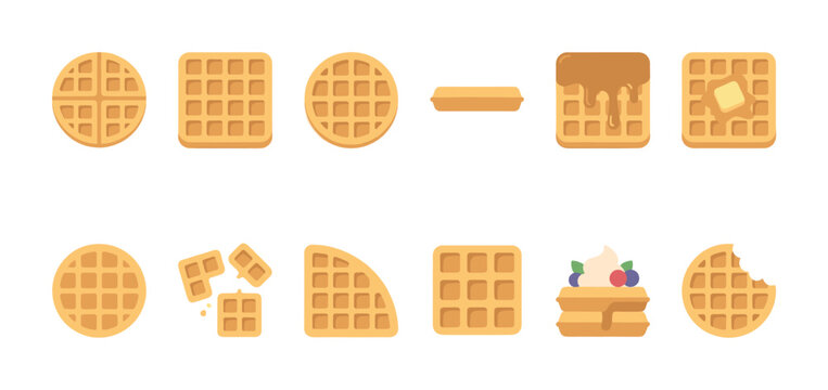 A set of flat design waffle illustrations showcasing various shapes, toppings, and states, perfect for food-related concepts and designs.