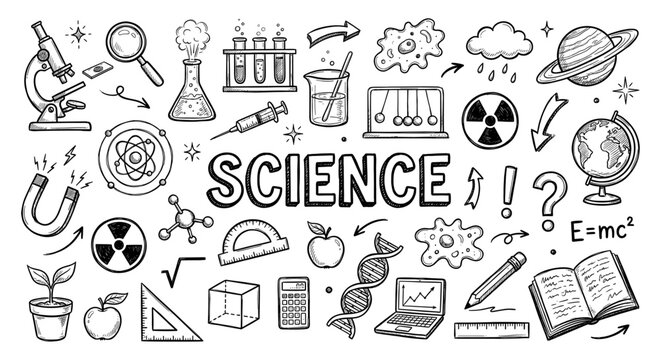 Science doodle set with microscope atom molecule and laboratory glass