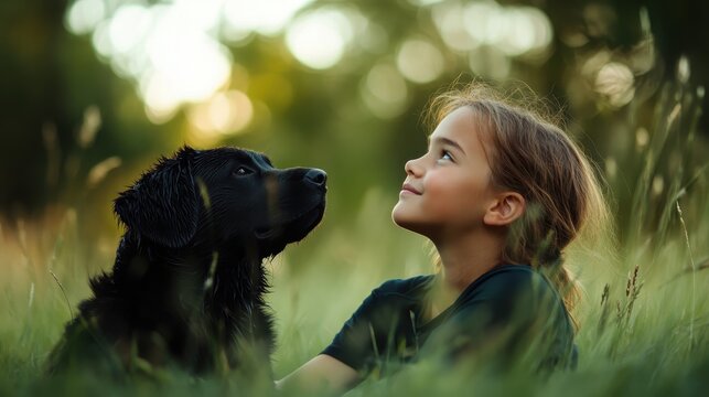 A young girl gazing at her loyal dog in a serene grassy field, capturing the unconditional love and companionship between humans and pets amidst nature's beauty.