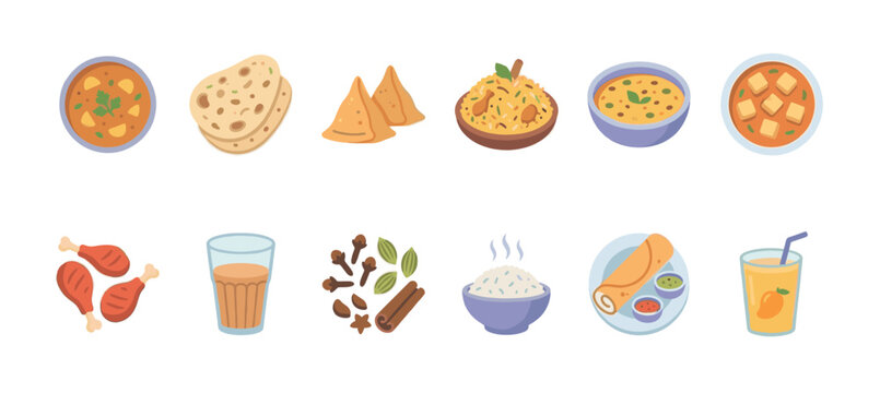 A vibrant vector illustration showcasing a collection of popular Indian food and drink items, presented as flat icons on a white background.