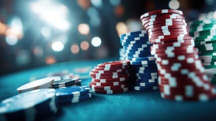 Fototapeta premium A vibrant arrangement of stacked casino chips creates an alluring and exciting atmosphere, evoking the thrill of gambling and anticipation of the poker table.