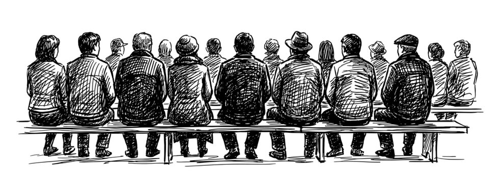 Audience group sitting on bench back view hand drawn sketch
