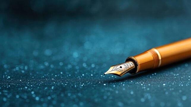 A close-up view of a luxurious fountain pen, highlighting its beautiful nib and design. The sparkling background adds a touch of elegance and sophistication to the scene.