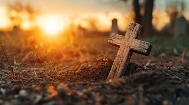 A weathered wooden cross partially emerges from the soft earth in a serene graveyard, illuminated by the warm glow of a beautiful sunset.