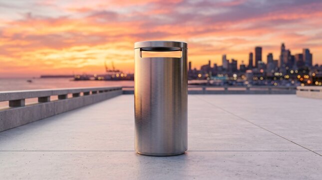 Sleek brushed stainless steel cylindrical waste receptacle stands isolated on a pristine concrete promenade reflecting a vibrant sunset sky.