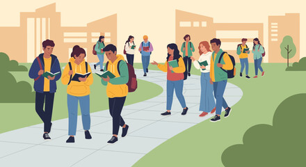 Obraz premium Diverse students walking on campus with books and backpacks, studying and learning