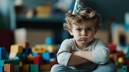Naklejka premium A young boy with a birthday hat sits with a frown, surrounded by colorful LEGO blocks, showcasing emotions of disappointment during playtime in a cluttered environment.