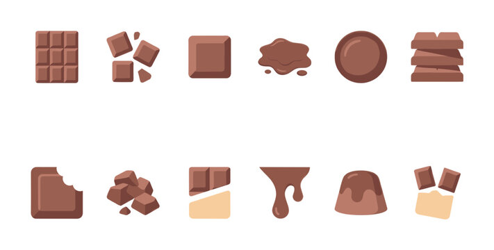 A collection of flat vector illustrations depicting various chocolate treats like bars, bites, melted chocolate, and candies on a white background.