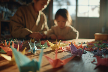 Fototapeta premium Young girl and mother enjoy folding colorful origami cranes together on a sunny afternoon at home