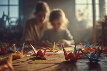 Young girl and mother enjoy folding colorful origami in a cozy home setting with crafts scattered around