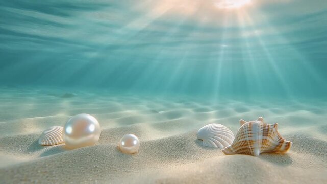 Sunlit underwater scene: radiant pearls and seashells on sandy seabed