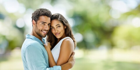 Obraz premium Young couple embracing tenderly in a sunlit park with soft green bokeh background