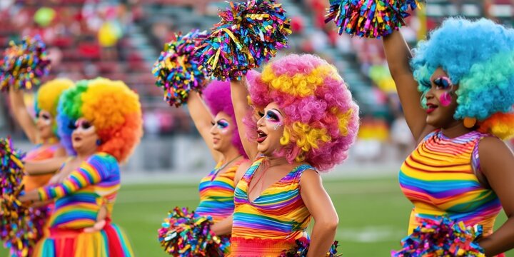 Drag queen cheerleaders with rainbow outfits and big wigs perform with pompoms