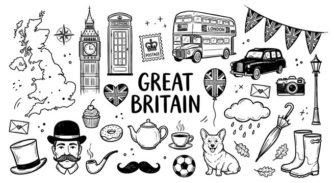 Great Britain London doodle set with hand drawn big ben bus and taxi