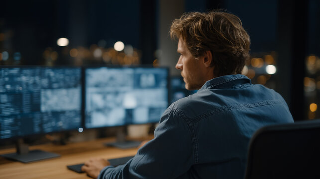 Over the shoulder view of dark web monitoring specialist tracking freshly posted credential dumps in underground forum, breach detection, threat intelligence, dark web surveillance, cybersecurity op