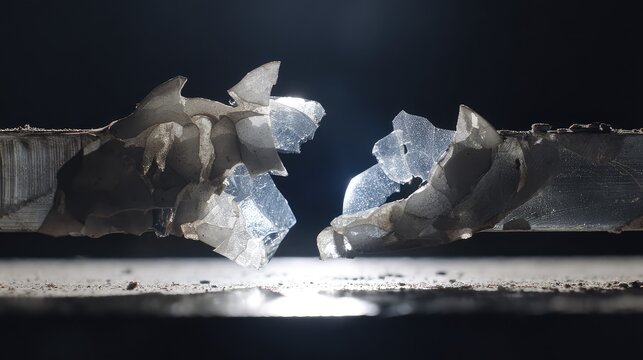 Shattered glass splitting into two distinct clusters of sharp, reflective shards against a dark background, dramatic contrast highlighting fragile texture and tension of rupture