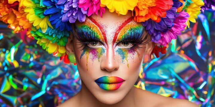 Vibrant drag queen with rainbow makeup and floral headdress