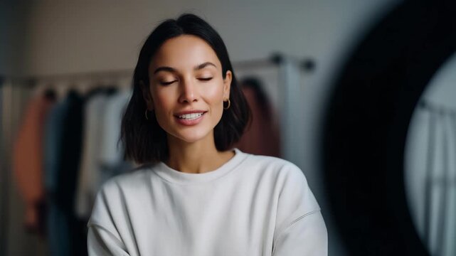 Beauty influencer filming skincare tutorial in professional studio setup with ring light and softbox, young woman demonstrating cosmetic product at makeup desk, content creation